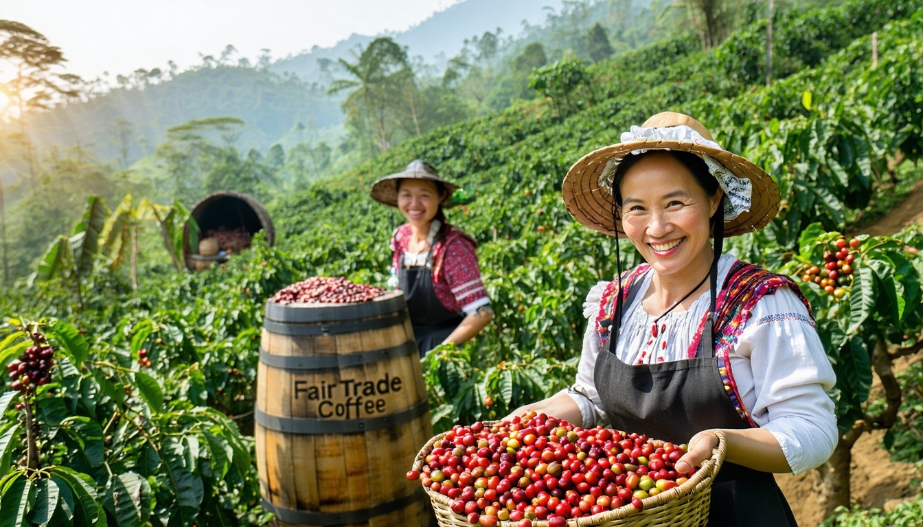 A picturesque coffee farm in a lush, tropical environment with coffee farmers carefully harvesting ripe, red coffee cherries by hand