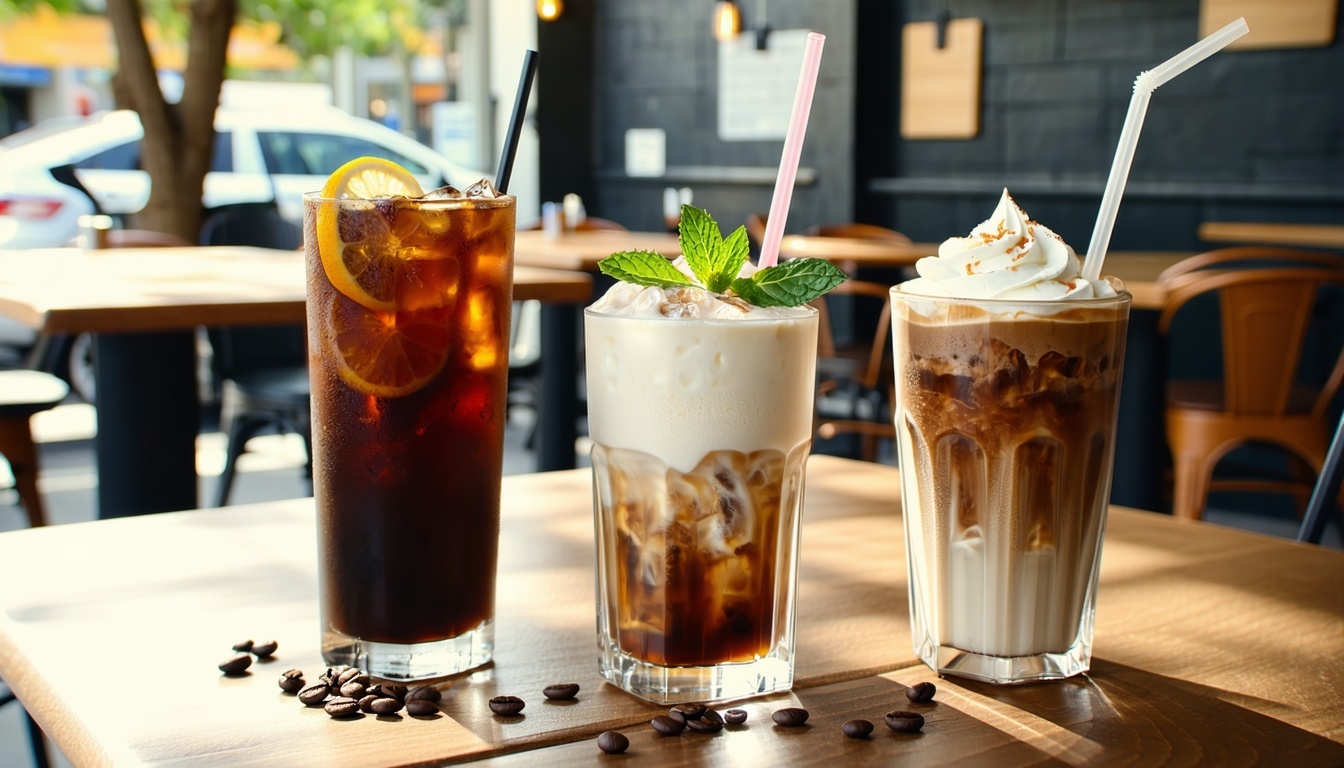 A stylish arrangement of iced coffee drinks on a sunlit caf table during summer Include a cold brew in a tall glass an iced latte with milk foam in a transparent cup and a frapp with whipped cream and a straw Garnish with mint citrus slices or coffee-3