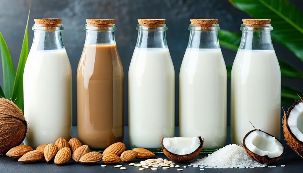 A visually appealing composition showcasing different types of alternative milk in glass jars, including almond milk, oat milk, soy milk, coconut milk