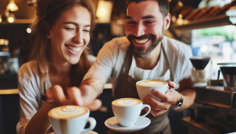 barista serves cappuccino to happy customer